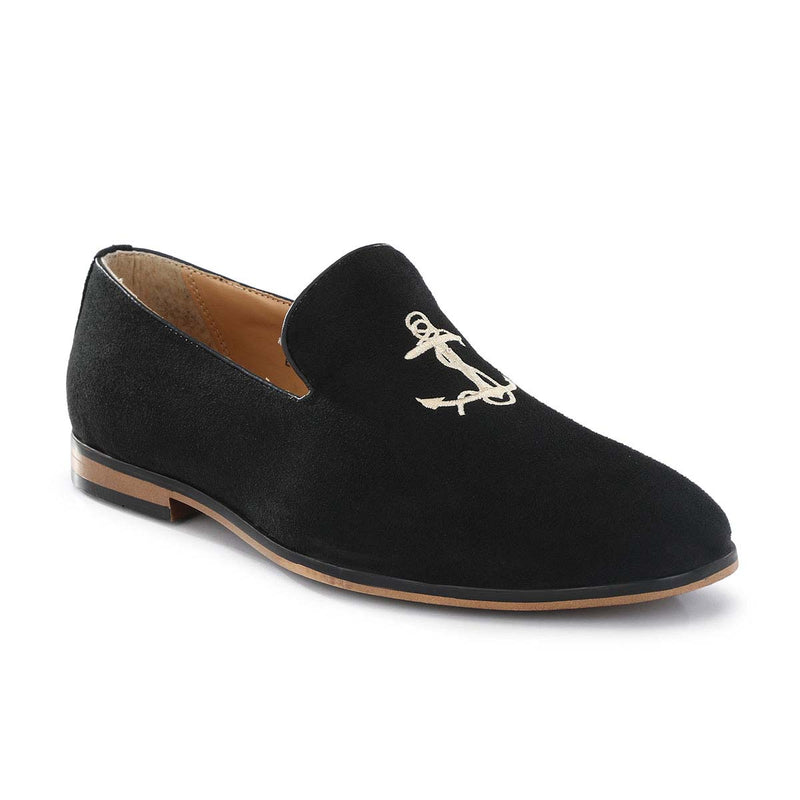 Black Anchor Embroided Loafers
