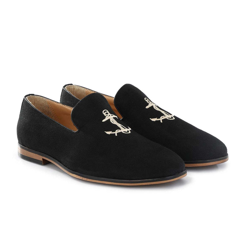 Black Anchor Embroided Loafers