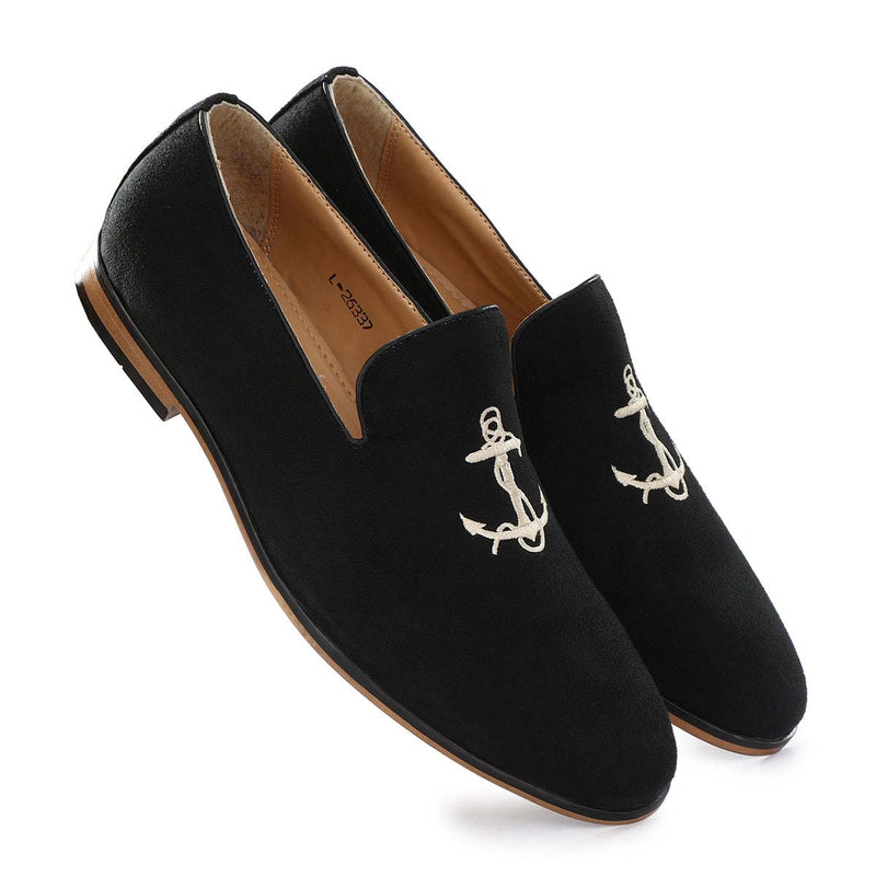 Black Anchor Embroided Loafers