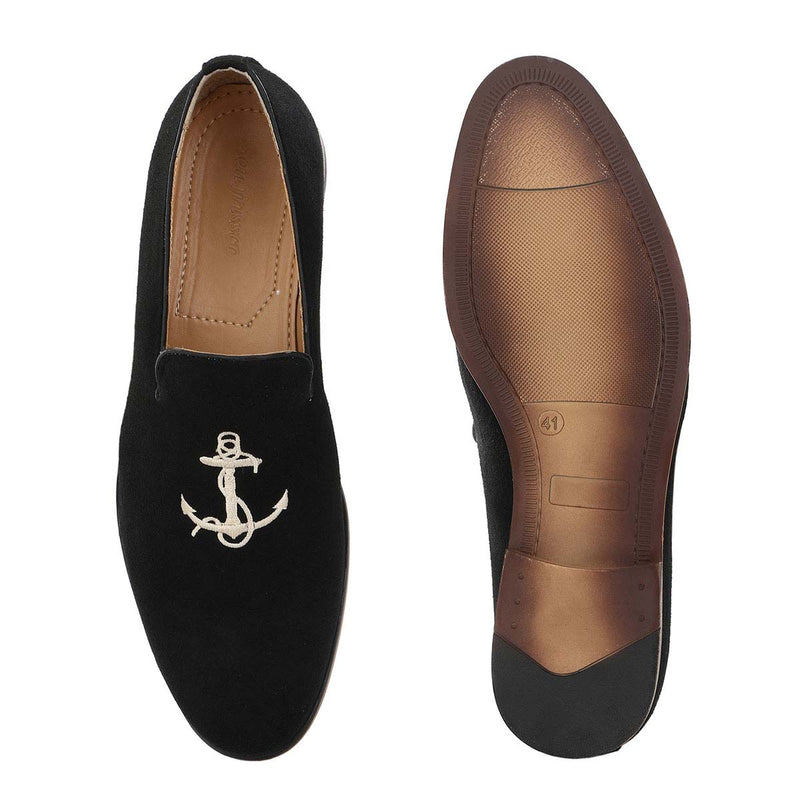 Black Anchor Embroided Loafers
