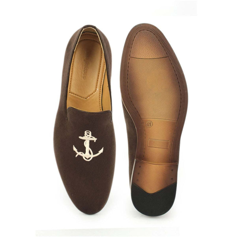 Brown Anchor Embroidered Loafers