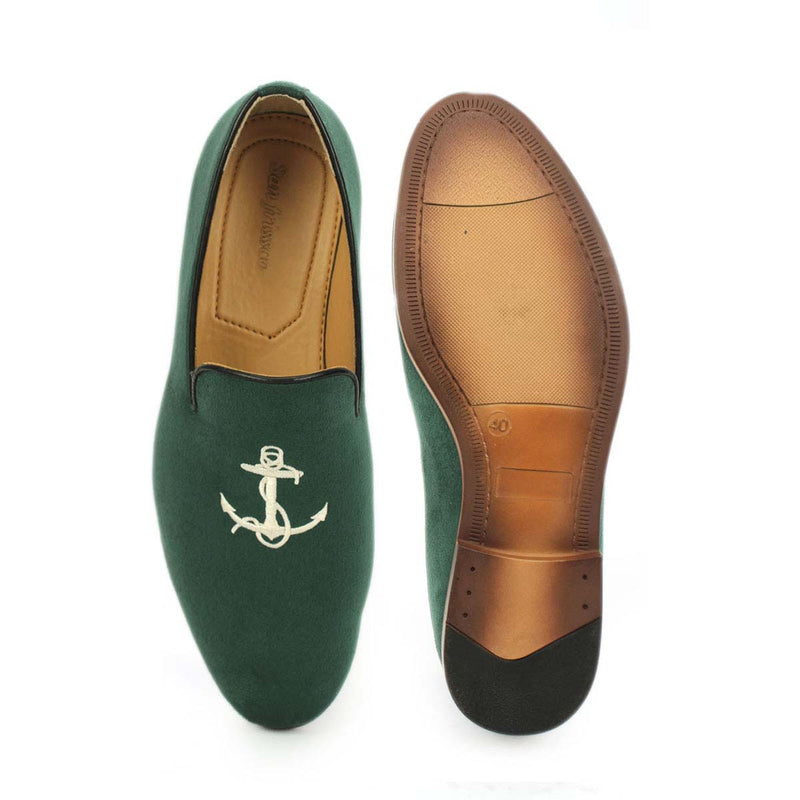 Green Anchor Embroidered Loafers