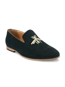 Dark Green Embroidered Loafers