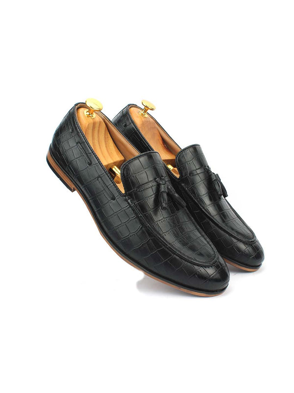 Black Croco Tassel Slip-Ons