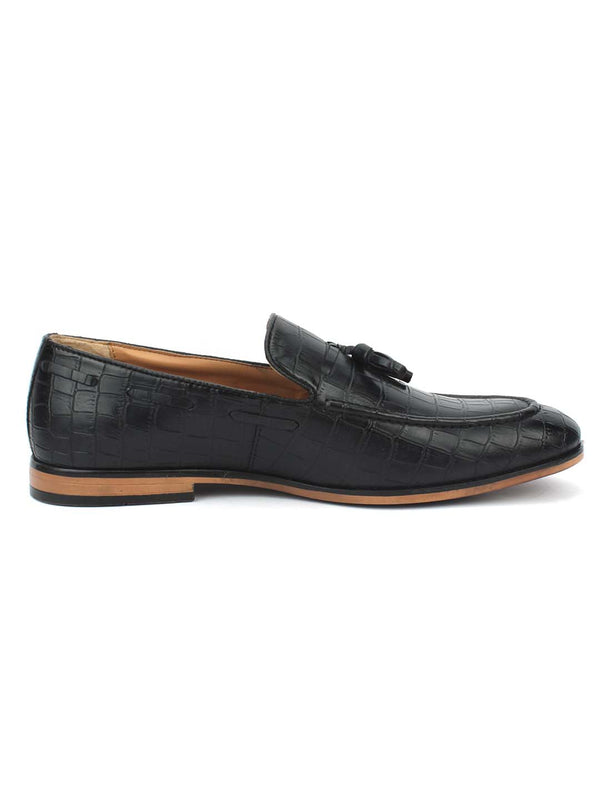 Black Croco Tassel Slip-Ons