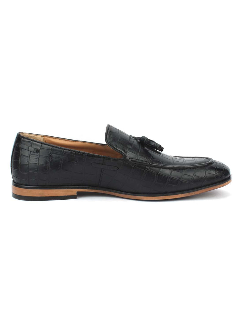 Black Croco Tassel Slip-Ons