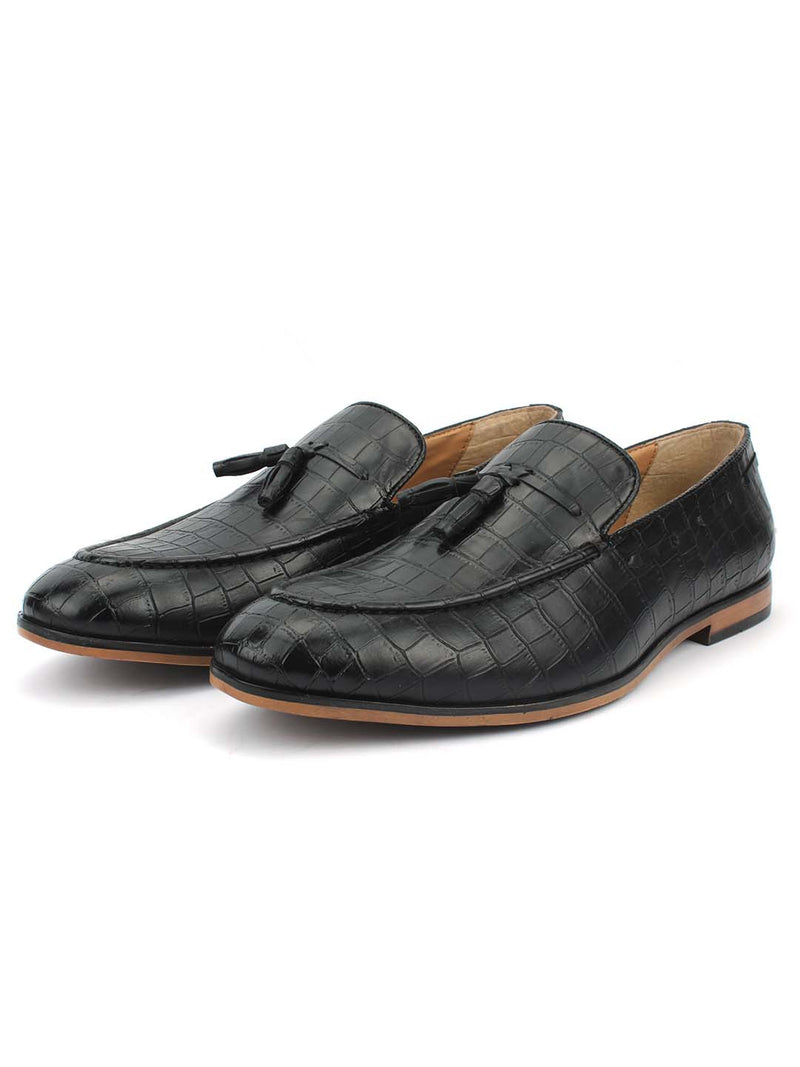 Black Croco Tassel Slip-Ons