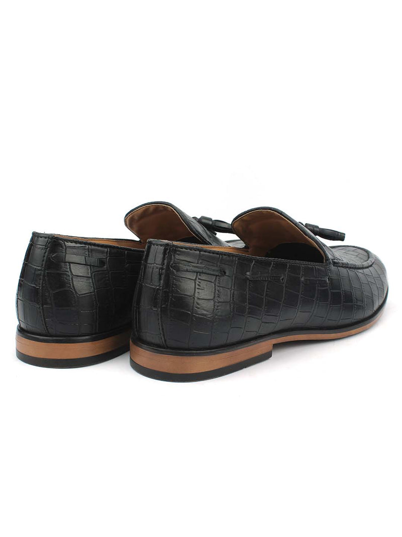 Black Croco Tassel Slip-Ons