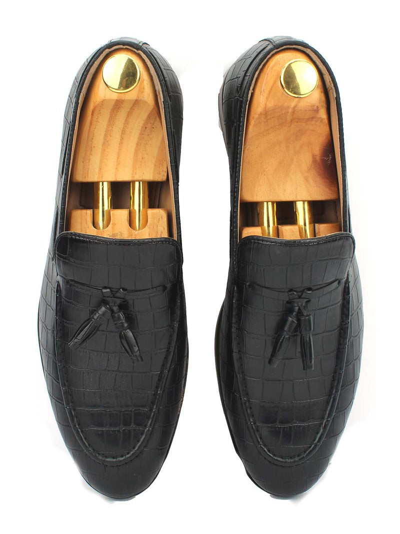 Black Croco Tassel Slip-Ons