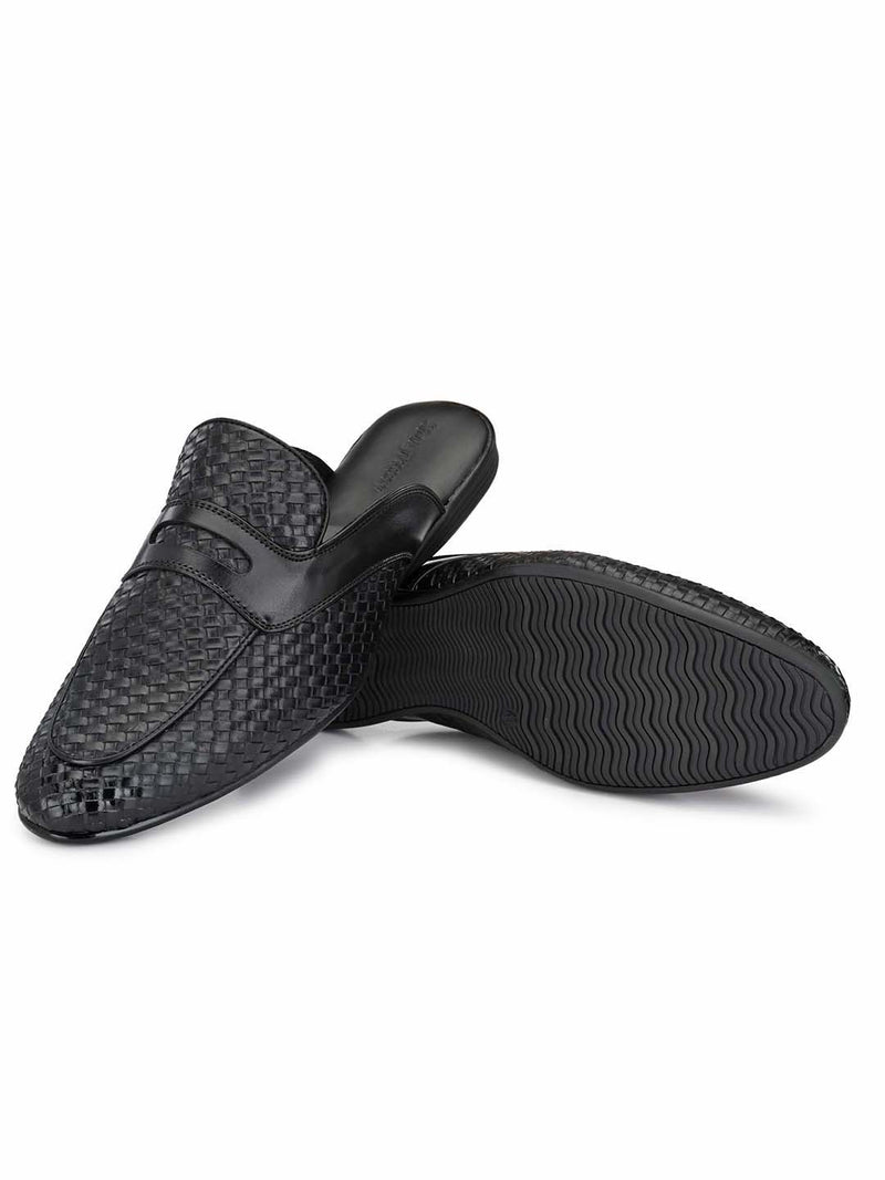 Black Woven Textured Mules