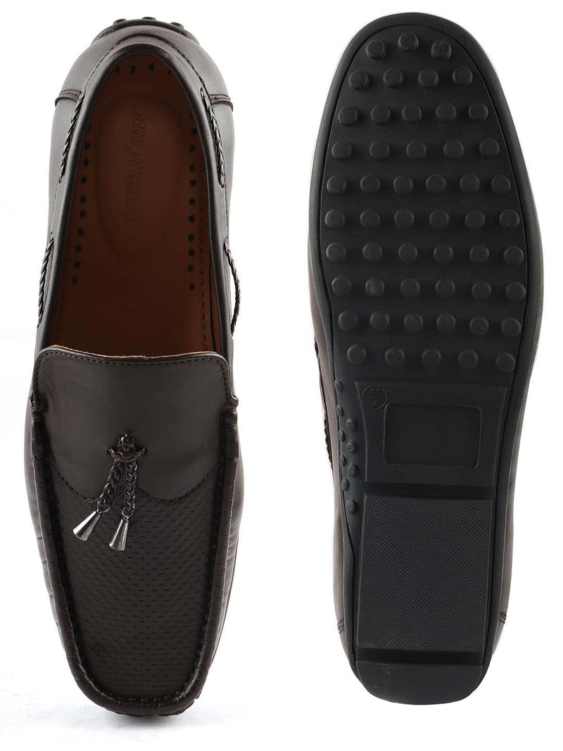 Brown Textured Tassel Loafers