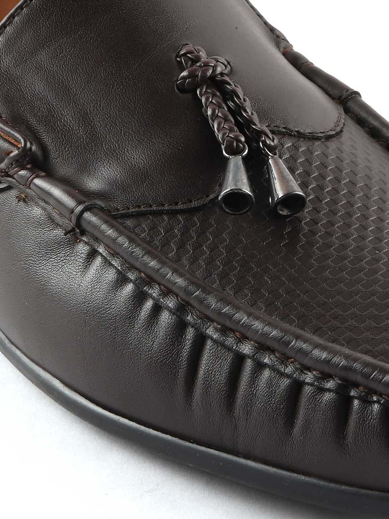 Brown Textured Tassel Loafers