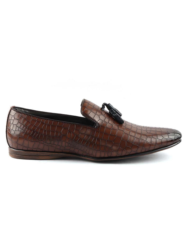 Tan Croco Tassel Loafers