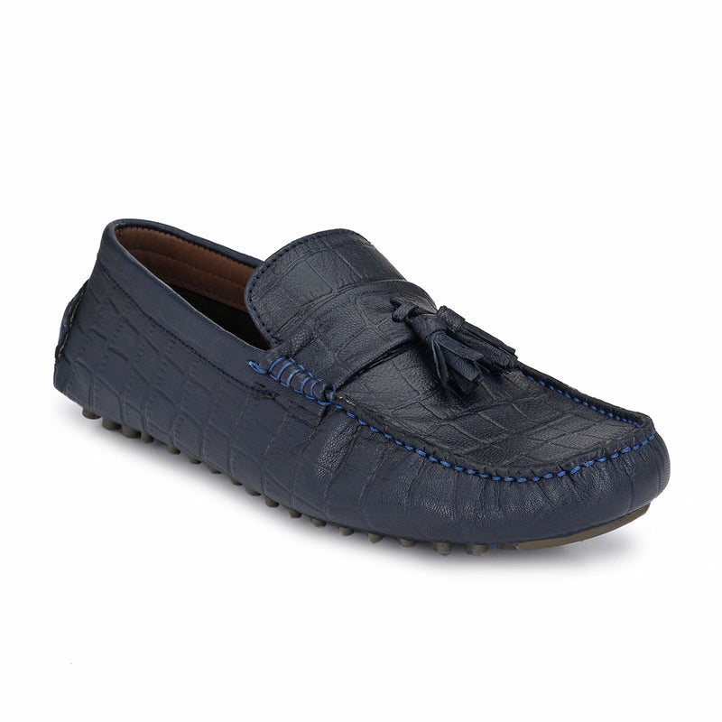 Blue Textured Leather Loafers