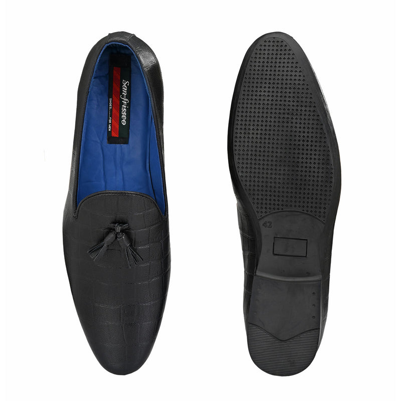 Black Textured Tassel Loafers